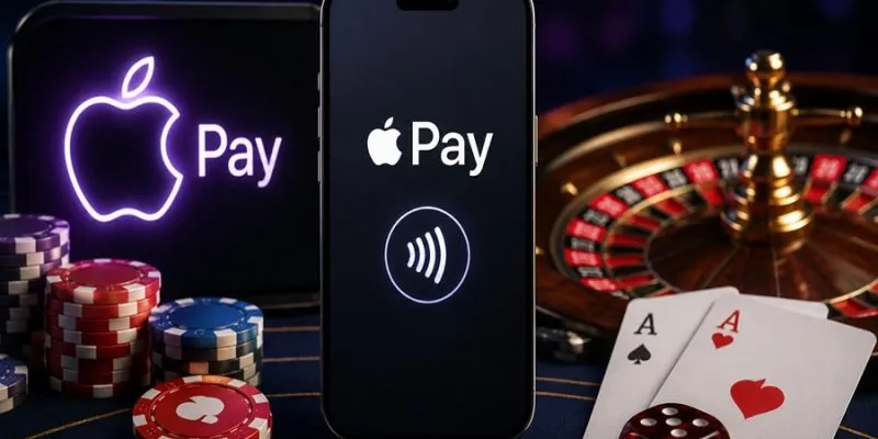 Casino Apple Pay – iPhone mit Apple Pay vor Roulettetisch und Spielkarten