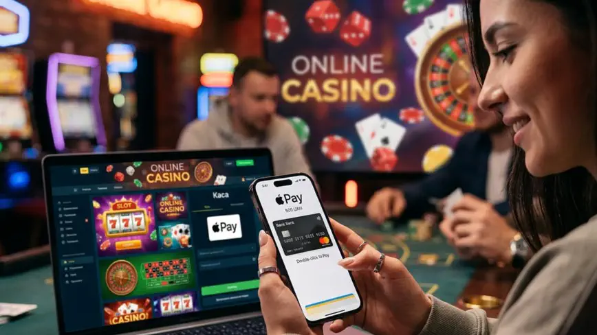 Online Casino mit Apple Pay – Zahlung per iPhone neben einem Laptop mit Casinoseite